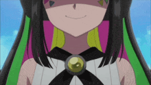 a close up of a girl 's face with a yellow circle on her neck
