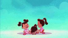 a cartoon drawing of three girls holding hands