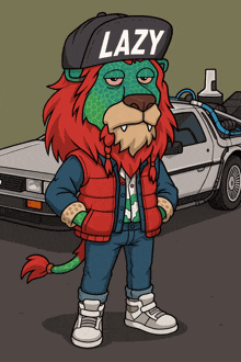 a cartoon of a lion wearing a lazy hat
