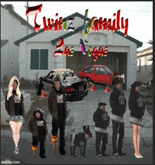 a group of people are standing in front of a house that says twirlz family las vegas