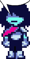 a pixel art of a person with a scarf around their neck and a speech bubble .