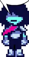 a pixel art of a person with a scarf around their neck and a speech bubble .