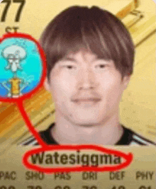 a close up of a man 's face with a squid in the background and the name watesigmma written on it .