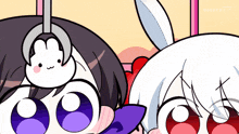 a cartoon drawing of a girl with a bunny on her head and a claw
