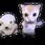 two stuffed animals , a cat and a dog , are sitting next to each other on a black background .