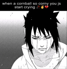 a black and white drawing of a boy crying with the caption when a cornball so corny you js start crying