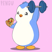 a penguin holding a dumbbell and a slice of pizza with the word pengu on the bottom