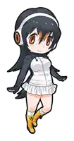 a penguin girl wearing headphones and a white skirt
