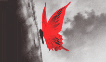 a red butterfly is flying in a black and white photo with a caption that starts with the letters g.