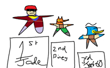 a drawing of a man a fox and a bird with 1st 2nd and 3rd place signs