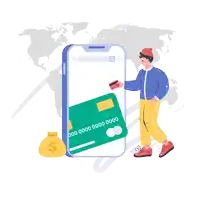 a man is holding a credit card in front of a phone that says process on it