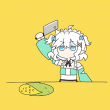 a cartoon of a girl holding a knife over a piece of corn