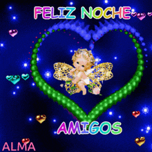 a picture of a baby angel with the words feliz noche amigos