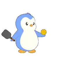 a penguin is holding a spatula and a pancake is flying in the air above it