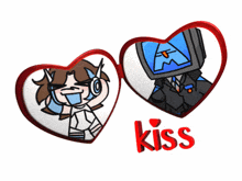 two hearts with cartoon characters and the word kiss