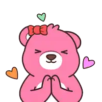 a pink teddy bear with a red bow on its head is surrounded by hearts