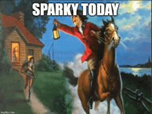 a painting of a man on a horse with the words sparky today below him