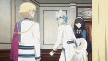 three anime characters are standing in a room and one has a cat 's tail on her back