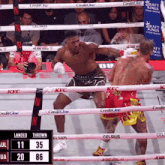 two boxers in a boxing ring with a scoreboard that says ' credit one ' on it