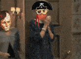 a woman in a pirate costume looks at a robot