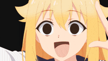 a close up of a blonde anime girl with a surprised look on her face
