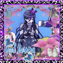 a picture of a girl with a butterfly on her head and the words " good morning "