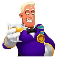 a cartoon man in a purple tuxedo is holding a glass of wine