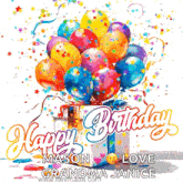 a happy birthday mason love grandma janice greeting card with balloons and confetti