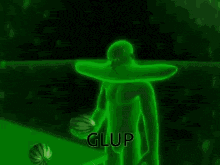 a green silhouette of a person holding a watermelon with the word glup written on it .