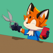 a fox is holding a pair of scissors and a red card