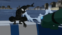 a cartoon of a man in a black spiderman suit standing on a boat