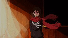 a girl with a scarf around her neck is standing in front of a window
