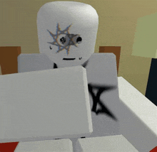 a white roblox character with a star tattoo on his face is standing on a bed .
