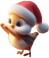 a cartoon bird wearing a santa hat holds something