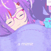 a girl with purple hair and glasses is laying under a blanket