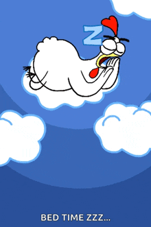 a cartoon of a chicken sleeping on a cloud with bed time zzz written below it