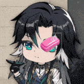 a cartoon character has a pink bar of soap on his eye
