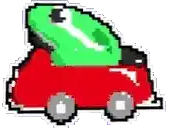 a pixel art of a green frog riding on top of a red car .