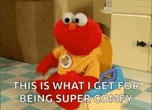elmo is sitting on a potty with the words this is what i get for being super comfy