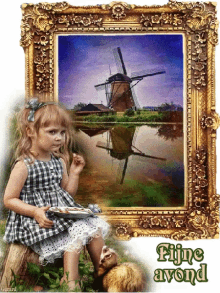 a little girl sits on a stump in front of a painting of a windmill and the words fijne avond