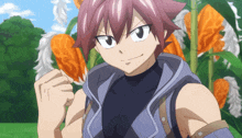 a cartoon character with red hair is standing in front of some flowers