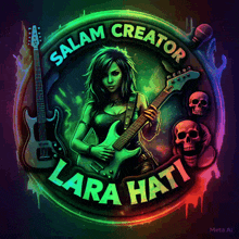 a woman playing a guitar in a circle with the words salam creator lara hati