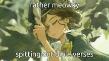 a girl in a hat is spitting out bible verses while standing in a tree .
