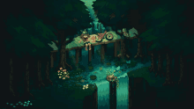 a pixel art drawing of a waterfall with a bicycle in the background