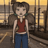 a cartoon of a girl standing on a street