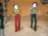 a man and a woman are dancing on a stage with a cartoon face on their faces