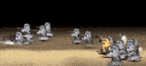 a group of cartoon soldiers are holding guns in a dark room