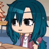 a cartoon girl with blue hair is sitting at a table and smiling