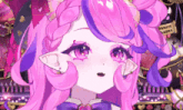 a close up of a pink and purple anime girl with a sign that says donate plasma in the background