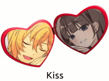 a heart shaped mirror with a picture of a boy and a girl and the word kiss on the bottom